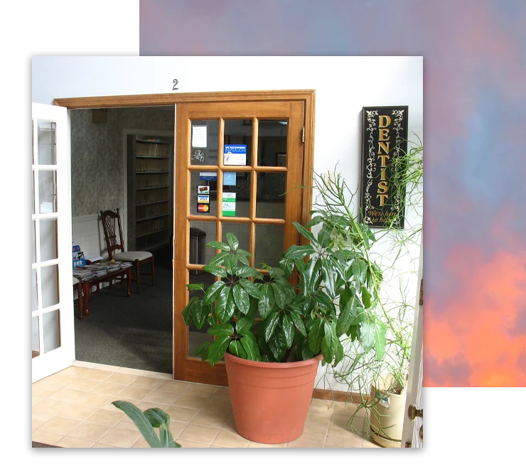 Front Entrance Door Dentist Sign and Sunset Collage